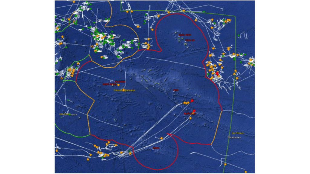 AIS tracks around French Polynesia EEZ (red line)
