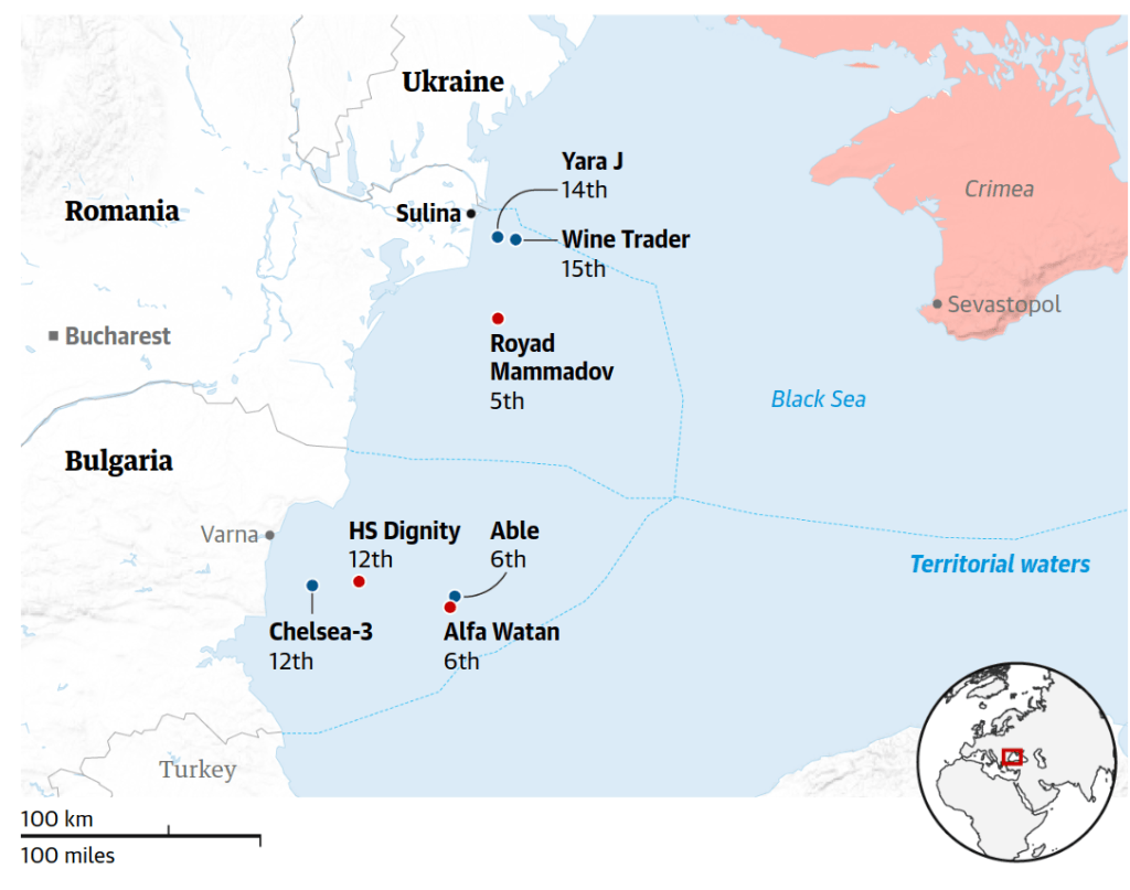 Map showing the locations of the vessels attacked in the Black Sea in October 2026. The Guardian. Note: all dates GMT